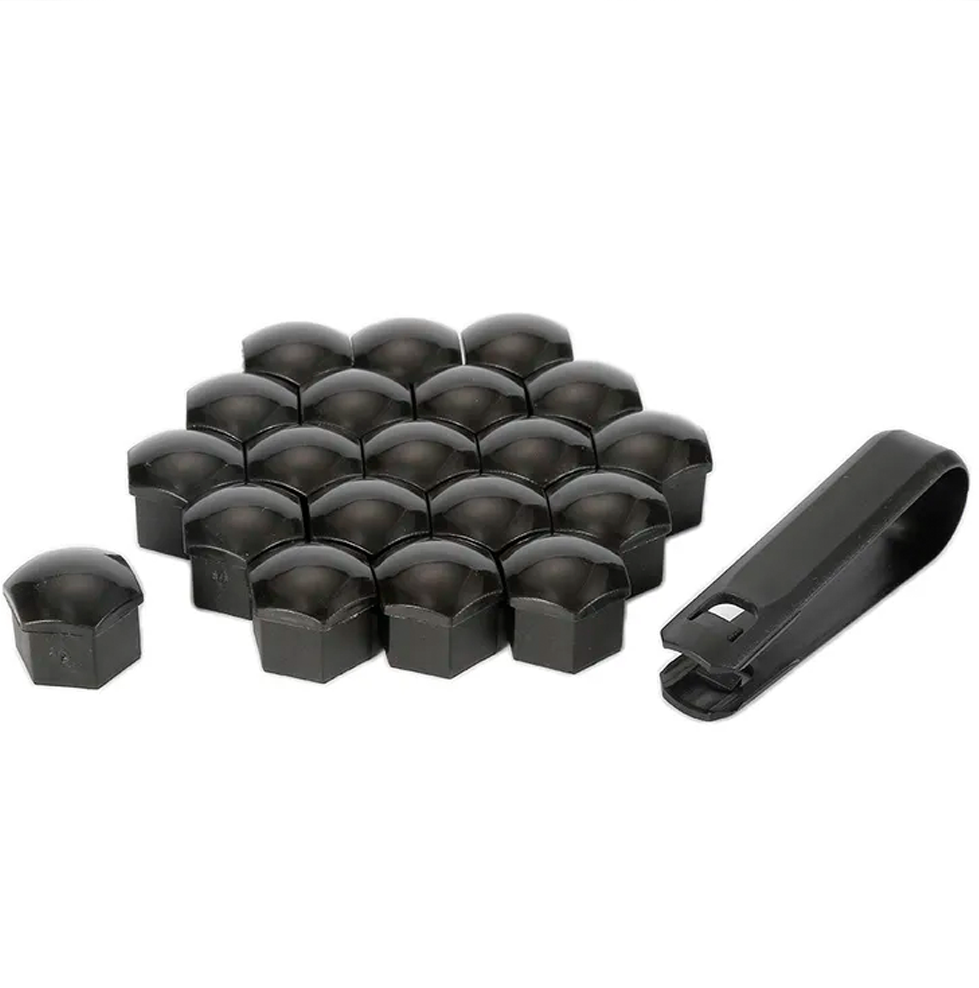 A pack of 20 black wheel nut covers along with a removal tool