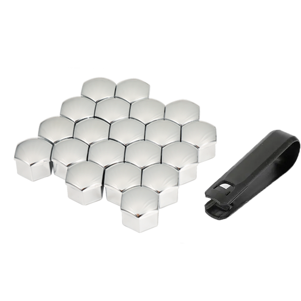 A pack of 20 chrome wheel nut covers along with a removal tool