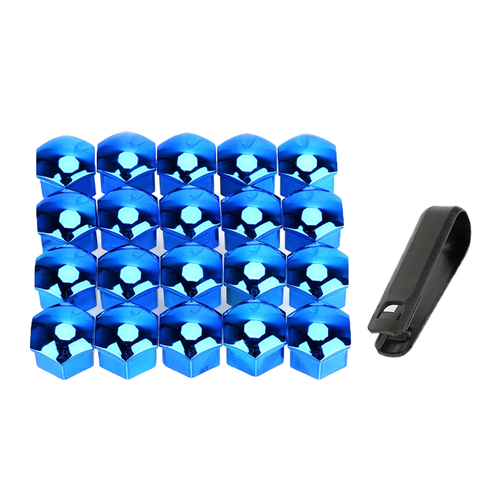 A pack of 20 chrome blue wheel nut covers along with a removal tool