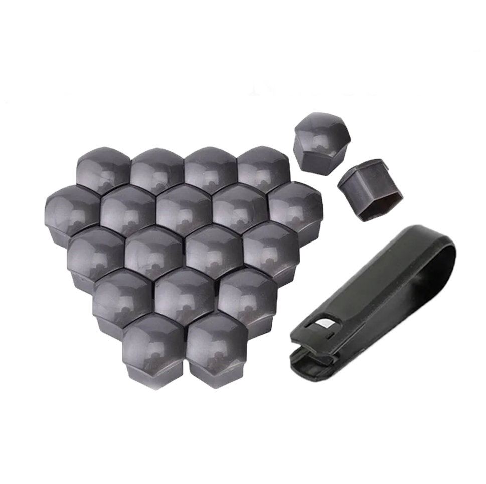 A pack of 20 grey wheel nut covers along with a removal tool