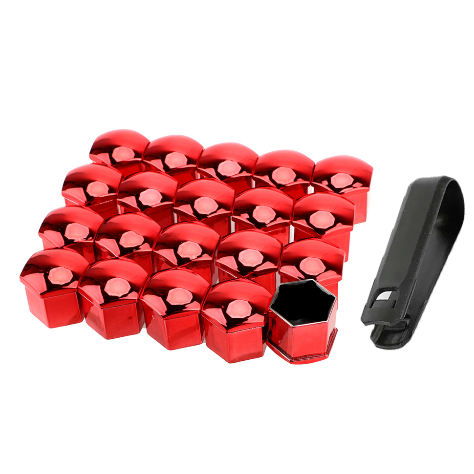 A pack of 20 chrome red wheel nut covers along with a removal tool