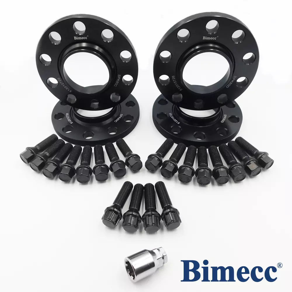 Bimecc anodised black hub-centric wheel spacer kit.