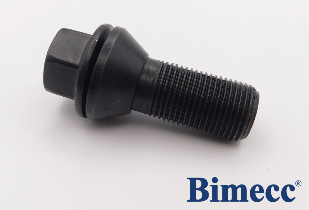 M15x1.25, 60° Taper With Mobile Washer, 17mm Hex Black Wheel Bolt (Bimecc)