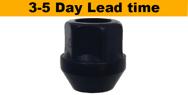 M14x1.25, 60° Taper, 25mm Thread, 19mm Hex Black Open Wheel Nut (Bimecc)