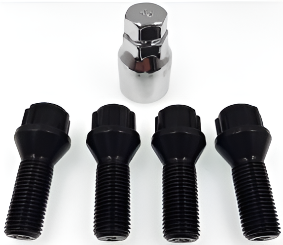 M12x1.5, 60° Taper, 23mm Thread, Black Locking Wheel Bolts (Bimecc)