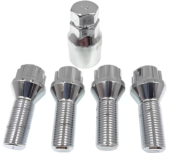 M12x1.5, 60° Taper, 23mm Thread, Chrome Locking Wheel Bolts (Bimecc)