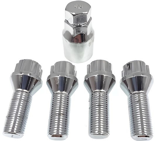 M14x1.5, 60° Taper, 35mm Thread, Chrome Locking Wheel Bolts (Bimecc)