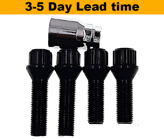 M14x1.25, 60° Taper, 43mm/50mm Thread, Black Dual Size Locking Wheel Bolts (Bimecc)