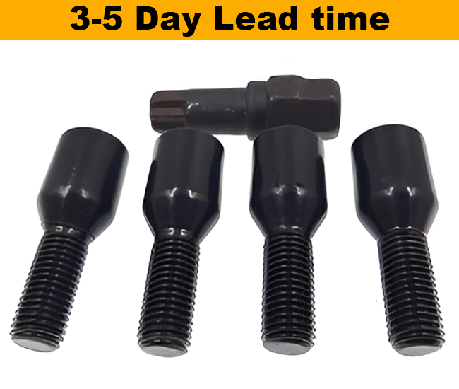 M14x1.25, 60° Taper, 27mm Thread, Black Tuner Locking Wheel Bolts (Bimecc)