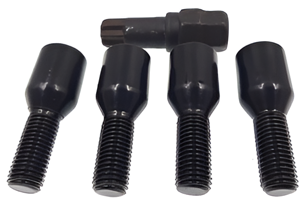 M12x1.5, 60° Taper, 26mm Thread, Black Tuner Locking Wheel Bolts (Bimecc)