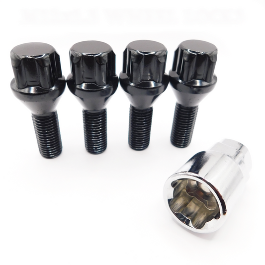 M12x1.5, 60° Taper, 26mm Thread, Black Locking Wheel Bolts (MSRPro)