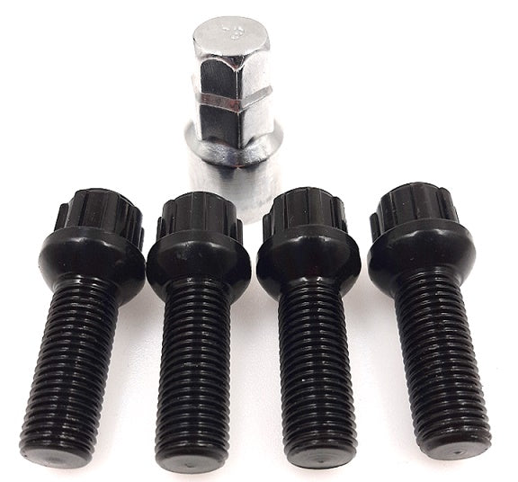 M14x1.5, R13, 28mm Thread, Black Locking Wheel Bolts (Bimecc)