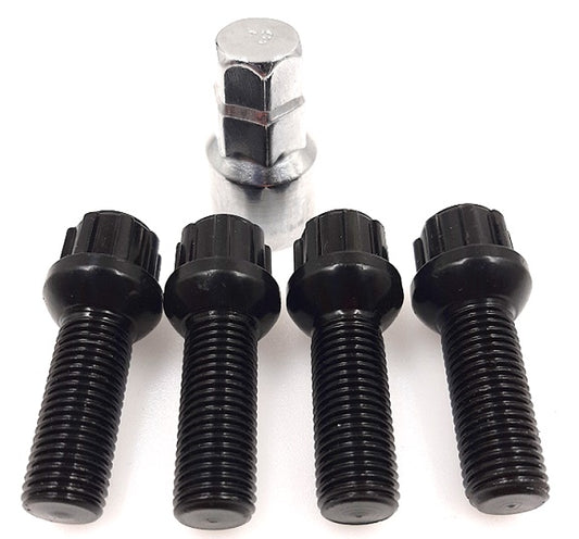 M14x1.5, R13, 45mm Thread, Black Locking Wheel Bolts (Bimecc)